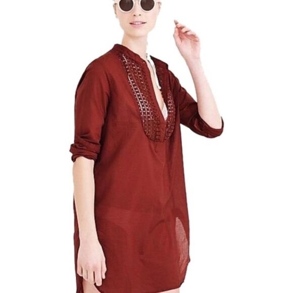 J Crew  lightweight Gauze BeAch Tunic Top Crochet Eyelet Shirt Brick Small - Picture 1 of 3